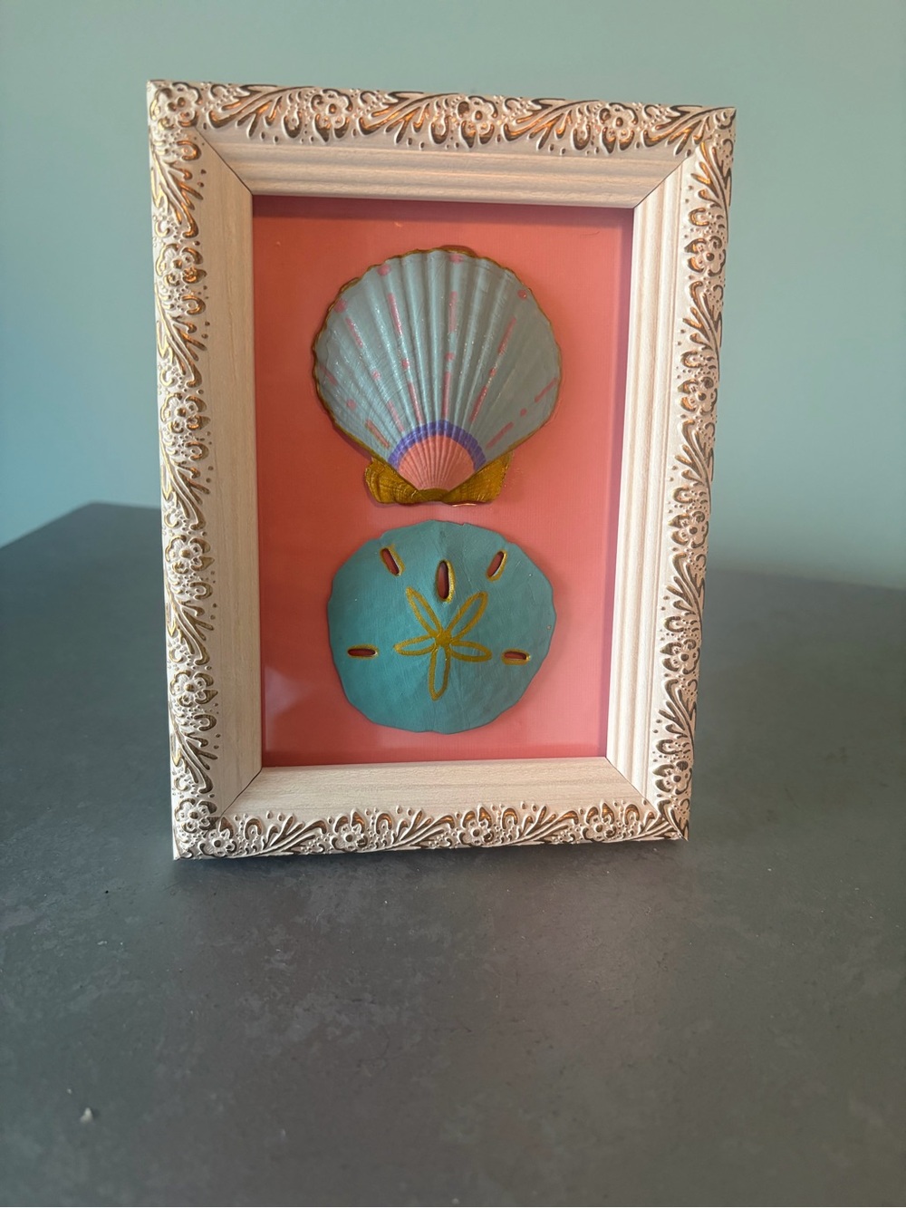 Hand-Painted Seashell art - Aqua & Coral Accents
